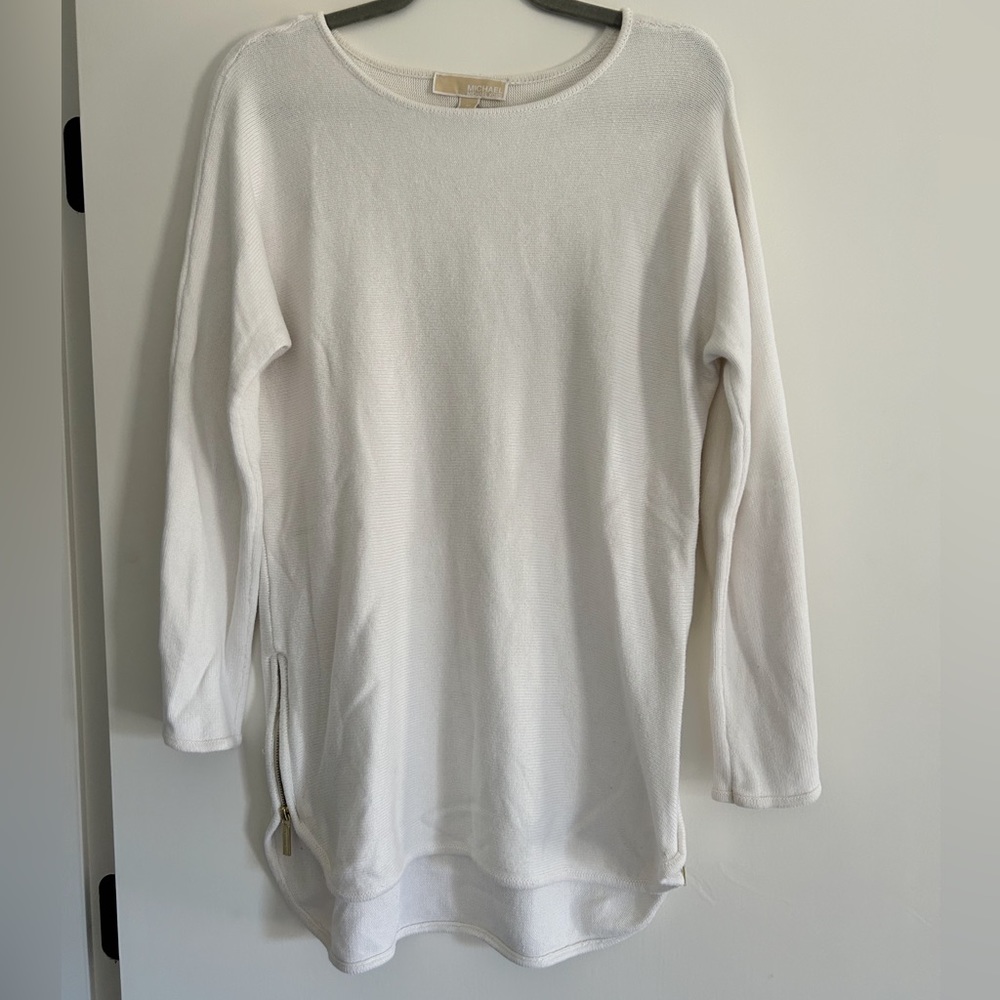 Micheal Kors White Tunic Sweater with Gold Zippers Size Medium M